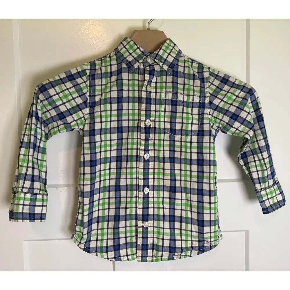 Gymboree Toddler Size 4T Button Up Shirt Blue Green‎ White Long Sleeve